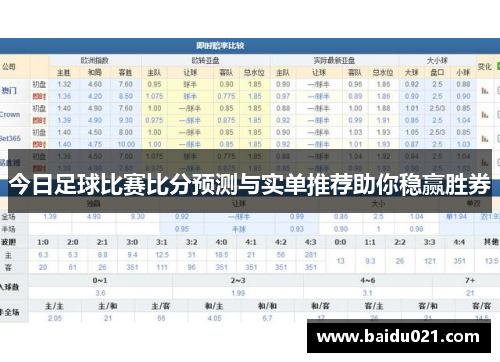 今日足球比赛比分预测与实单推荐助你稳赢胜券